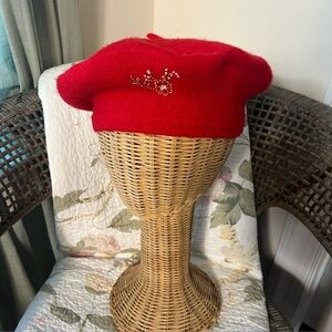 Womens French Style Red Beret Blended Wool O/S with embroidered flowers